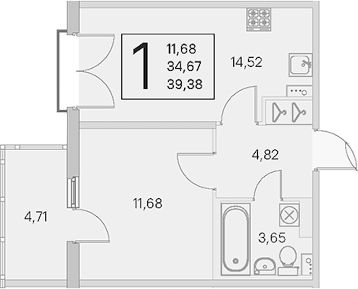 1-комнатная квартира 34.67 м², 3/4 эт., ЖК «Любоград в Стрельне»